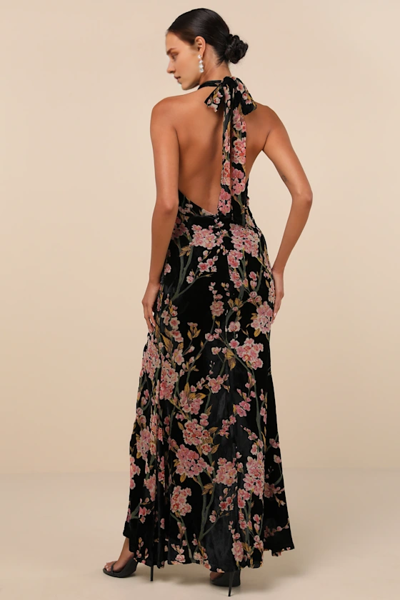 Vestidos formales Weitese para mujer, fabuloso vestido largo sin mangas de terciopelo negro con espalda descubierta y estampado floral de sirena, tiendas de vestidos de fiesta.